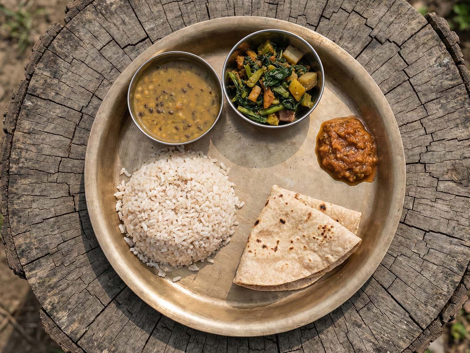 Ayurvedic meal spread with fresh ingredients